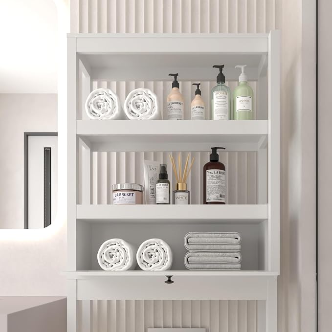 Over Toilet Storage Cabinet with Barn Door & Adjustable Shelves | 24 Inch Wide Bathroom Organizer, Space-Saving, Sturdy Wood, Anti-Tipping, Easy Assembly, for Restroom, Laundry, Small Spaces
