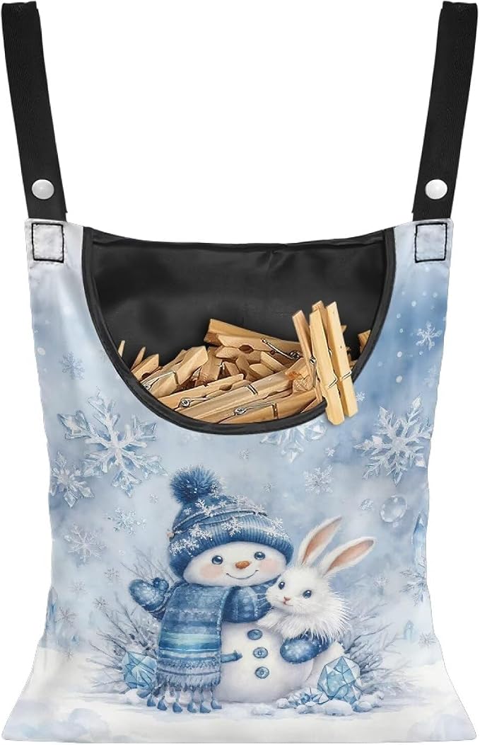 Winter Snowman Adjustable Door-Hanging Laundry Clothespin Bag Bunny Clothespin Storage Bags Laundry Clothespins Bag, Hanging Storage Organizer with Hanging Rope for Home Outdoor