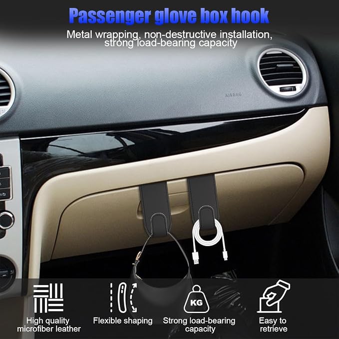 Bittwee 2PCS Car Glove Box Hooks Passenger Storage Hangers Black | Microfiber leather, snap-in install, hangs bags umbrellas, fits most cars SUVs and trucks, car interior accessories