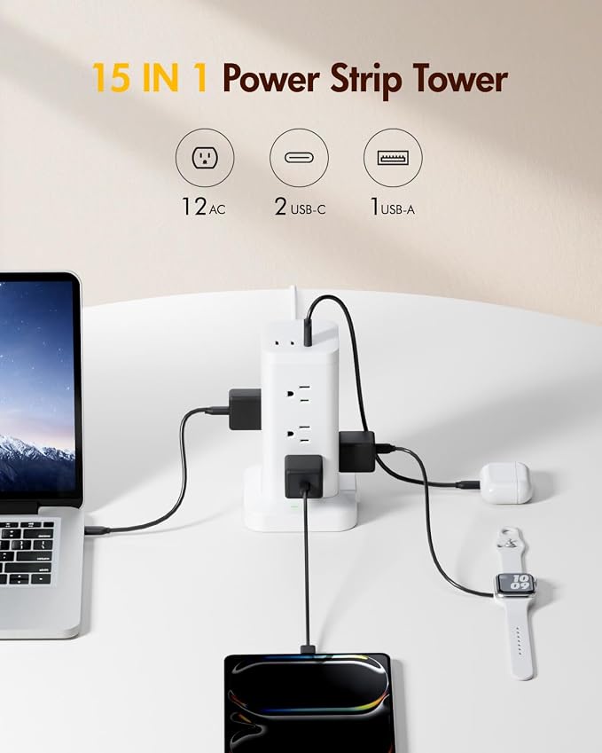 Power Strip Tower with Surge Protector 1800J, Fast Charging Tower PD20W USB-C Ports with 12 AC Outlets, Extension Cord for Home Office Dorm Room, 9.8ft, White