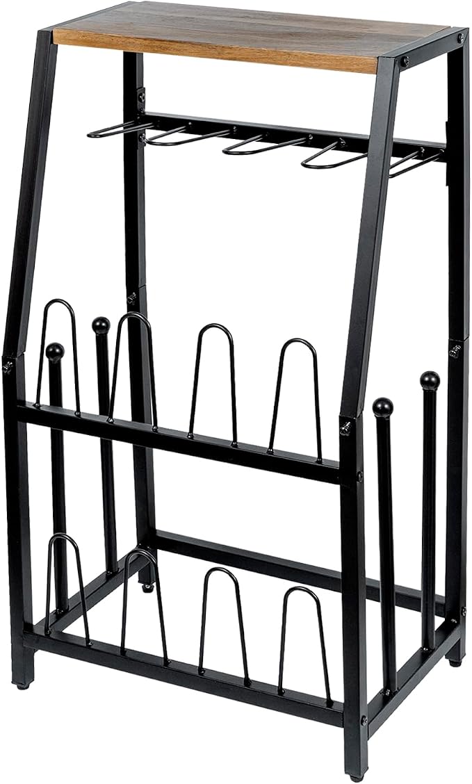 MyGift Acacia Wood & Black Metal Entryway Organizer: 2-in-1 Shoe Rack with Shelf & Boot Storage for 8 Pairs - Rustic Modern Entry Table with Adjustable Feet (Foyer/Mudroom/Garage)