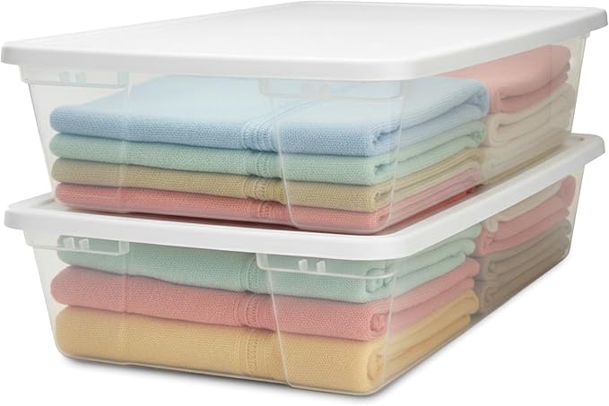 HOMZ 2-Pack Snaplock, Large Clear Plastic Storage Organizer Bins w/Lids, 41 Quart, White - Stackable Container Boxes for Bedroom, Bathroom, Garage, and Office Organization