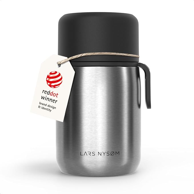 LARS NYSØM Stainless Steel Vacuum Insulated Food Jar - Leakproof Lunch Pot & Lunch Jar for Hot and Cold Food, Wide Mouth, Portable Soup Container for Work & Travel (Stainless Steel, 24oz)
