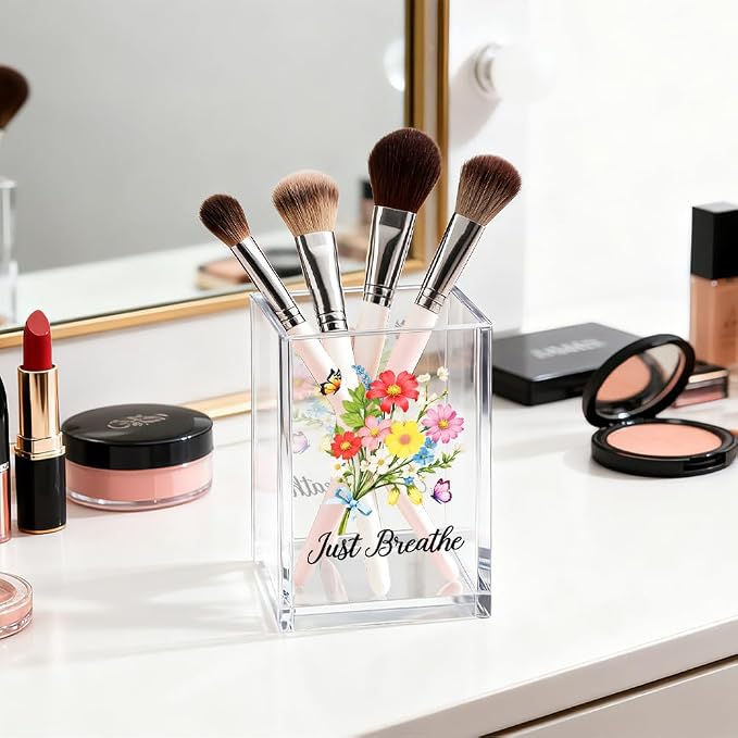 Just Breathe Acrylic Cosmetic Organizer Pen Holder, Motivational Acrylic Desk Holder Cup for Pen Pencil, Inspirational Office Gifts for Coworker Leader, Mental Health Gifts for Anxiety Friend