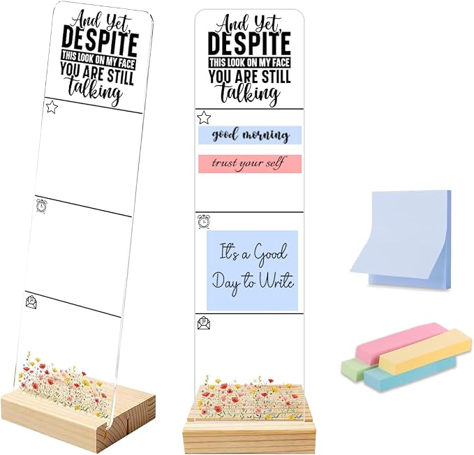 Sticky Note Holder, Monitor Memo Board, Acrylic Post It Note Holder with Wooden Base, Includes 200 Notes, Desk Organizer Rude Sarcastic Quote