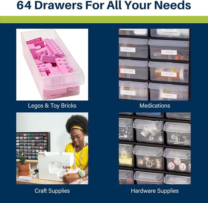 Akro-Mils 64-Drawer Plastic Drawer Storage Cabinet for Garage Organization, Bead Organizer, Building Bricks Storage, Teacher Toolbox, Makeup Organizer, 20-Inch W x 6-Inch D x 16-Inch H, 10164 White