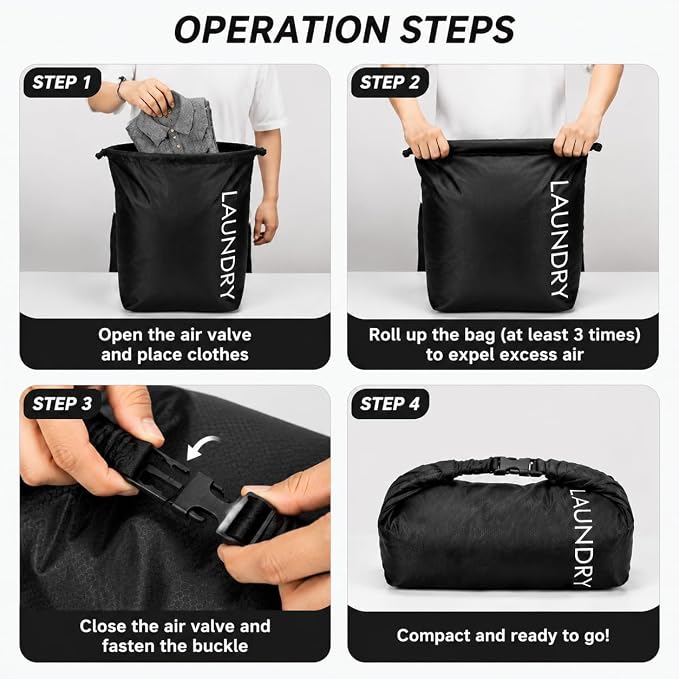 Compression Travel Laundry Bag for Dirty Clothes, Pump-Free Laundry Bag for Suitcase & Dorm, Waterproof Wet Dry Clothes Organizer, Large Capacity Space Saving Travel Bag (1 Pcs) Black