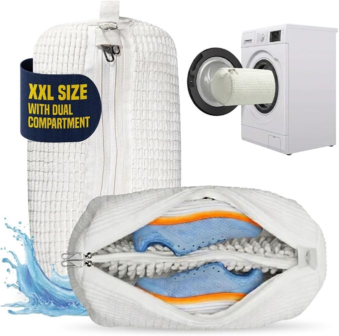 Shoe Washing Bag for Washing Machine, Reusable Shoes Laundry Bag with Zipper Lock, Dual Compartment for Sneakers, Trainers & Kids Shoes