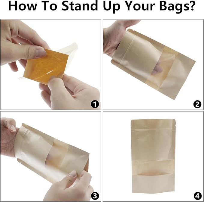 Kraft Paper Zipper Pouches,ULIFESTAR Kraft Stand Up Zip Lock Pouch Bags,100PCS Resealable Bag with Transparent Window and Tear Notch Resealable Bag for Small Business HomeUse,4.7"*7.9"(12 * 20cm+4cm)