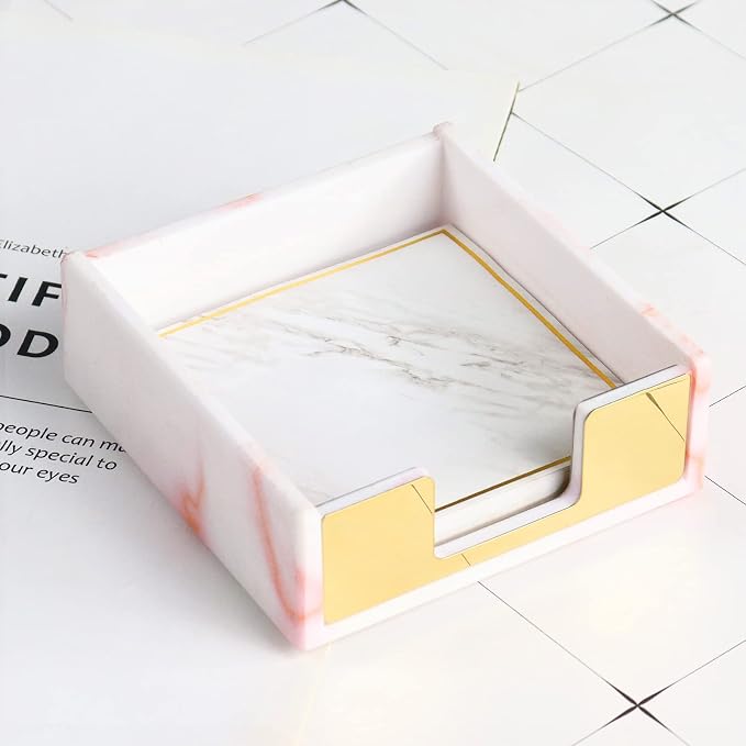 Marble Pink Acrylic Sticky Note Dispenser, 3.82×3.94×1.42 Inch | Fits 3×3 Inch Memo Pads, Holds Up To 300 Sheets, Desktop Organizer with Gold Trim, For Office Use & Daily Work Organization