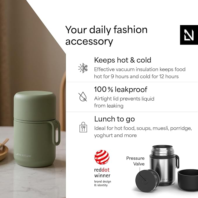 LARS NYSØM Stainless Steel Vacuum Insulated Food Jar - Leakproof Lunch Pot & Lunch Jar for Hot and Cold Food, Wide Mouth, Portable Soup Container for Work & Travel (Stainless Steel, 17oz)