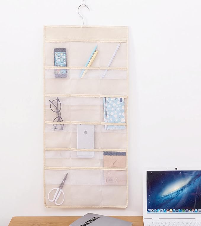 Bra and Underwear Hanging Storage Organizer Mesh Pockets Dual Sided Wall Shelves Space Saver Bag Sock Underpants Drawer Closet Clothes Rack (Beige:(5+10 Pockets))