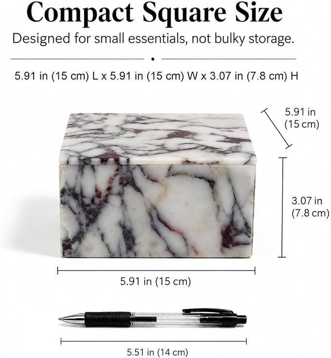 Natural Marble Square Jewelry Box with Lid, 5.91 in | A square natural marble box with lift-off lid for jewelry, cotton pads, and a cleaner dresser display.