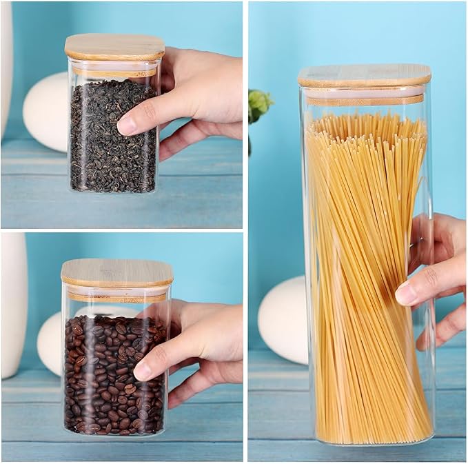 LEAVES AND TREES Y Glass Storage Canister with Wooden Lid, Set of 7 Square Glass Jars with Bamboo Lids, Glass Food Storage Containers for Pasta, Cereal, Flour, Sugar, Best for Kitchen & Pantry