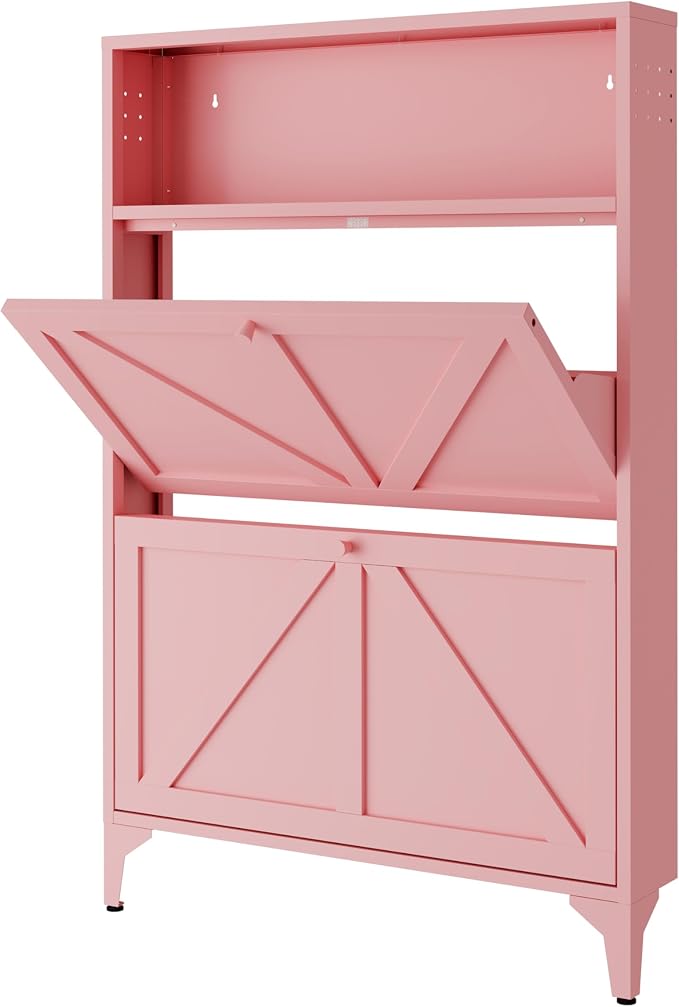 Shoe Cabinet with 2 Flip Drawers and Open Top Space-Metal Narrow Shoe Rack for Entryway,Hallway,Living Room-Hidden Metal Shoe Cabinet-Freestanding Shoe (2 Door, Pink)