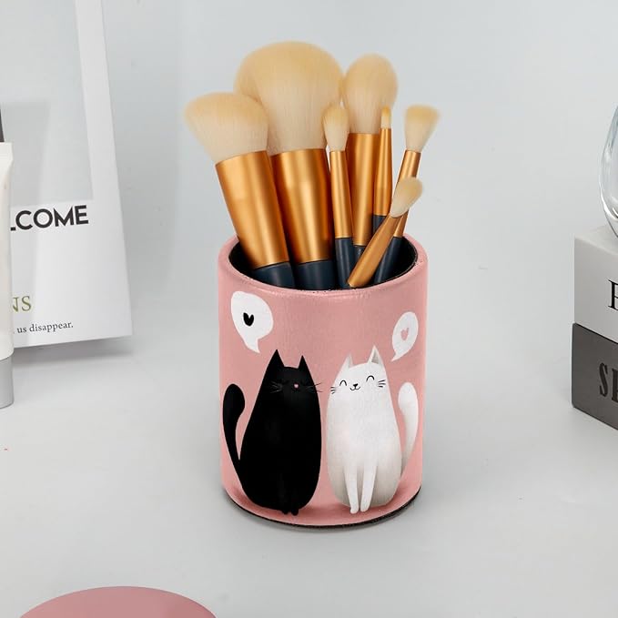 Black and White Cats Pen Holder Pencil Organizer for Desk, 3.1” x 3.1” x 3.9” Pencil Cup Office Supplies, Large Capacity Cute Pen and Makeup Brush Holder for Home, School, Desktop