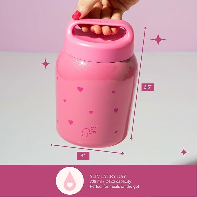 Paris Hilton Stainless Steel Food Jar, Double Wall Vacuum Sealed Insulated Food Storage Container with Carry Handle Lid, 24-Ounce, Pink with Heart Design