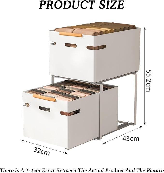 Pull Out Storage Basket,bedroom Closet Storage Racks,2-tier Stackable Storage Bins,20kg Weight Capacity,for Kitchen Bathroom Cabinets(White,43x32x55.2cm)