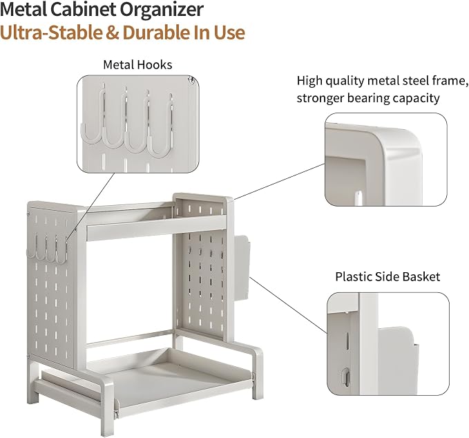 Spice Rack with Pull Out Drawer Counter Storage Organizer Metal 2-Tier | Rust-Resistant Holds 20 lbs Saves 50% Counter Space with Hooks & Hanging Basket for Kitchen Coffee Bar Bathroom Apartment