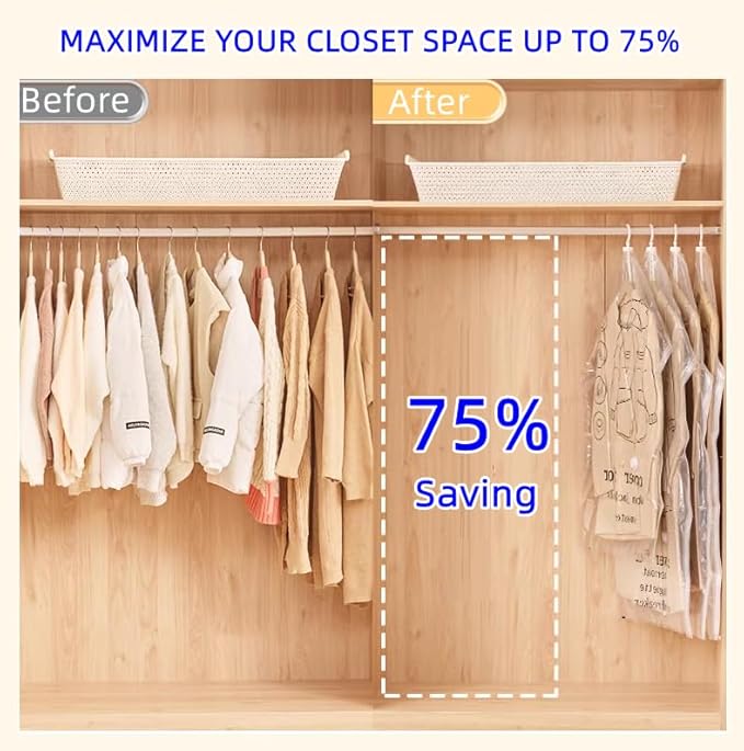 Hanging Vacuum Storage Bags 6 Pack Space Saver Vacuum Seal Bags, Jumbo and Large, for Seasonal Clothes, Dress, Coat, Closet Organizer with Heavy Duty Hanging Hooks, Reusable & Easy to Use