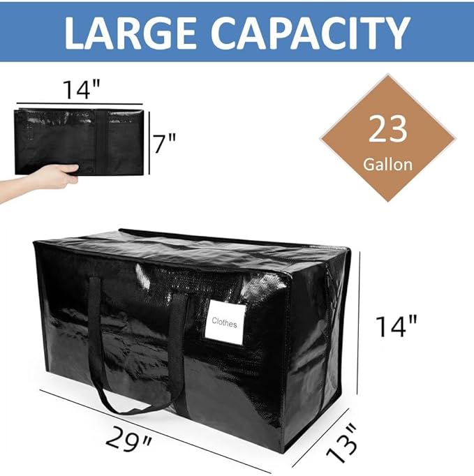 6 Pack Extra Large Moving Bags with Reinforced Handles, Heavy-Duty Storage Tote for Dorm Room Essentials with Strong Zipper,Packing Moving Boxes for College Supplies,Black