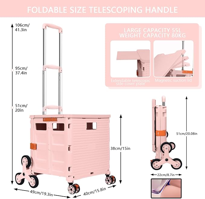 Foldable Utility Cart with Stair Climbing Wheels,Collapsible Rolling Crate with Magnetic Lid Telescopic Cover,Telescoping Handle,360° Rotate Wheel Hand Cart for Teacher Shopping Moving Grocery(Pink)