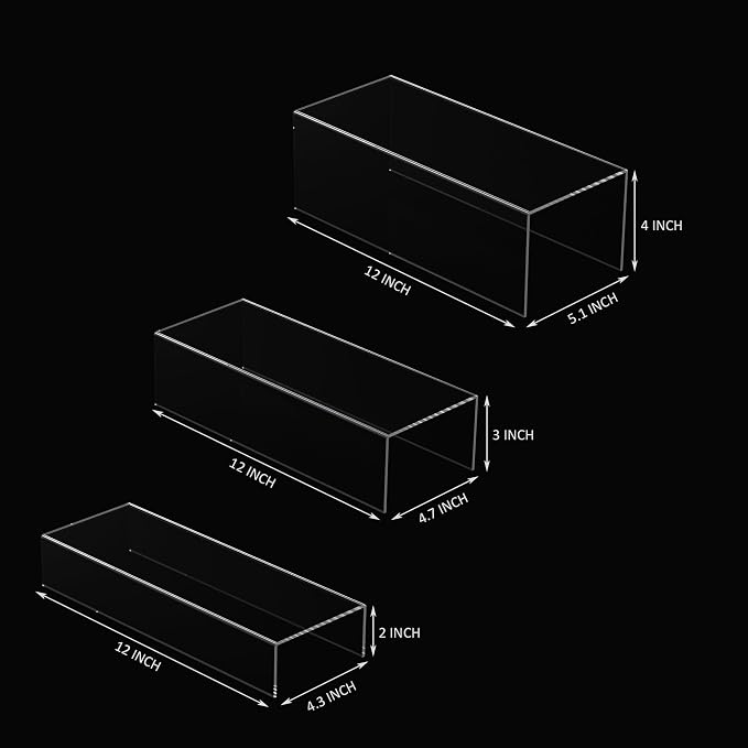 Sezanrpt Clear Riser Display Shelf 3pcs, Desktop Rectangular Acrylic Display Shelves Storage Organizer, Acrylic Stands for Funko Pop Figure, Bags, Shoes, Spice Jars, Skincare, Cosmetics - 12-2'', 3'',