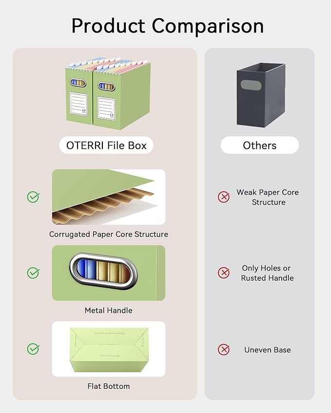 Oterri File Organizer Box, Portable Collapsible Cardboard File Folder Organizer with Handle for Letter Size Hanging Files, Document Storage Box for Home Office & Classroom (4 Packs, Green)