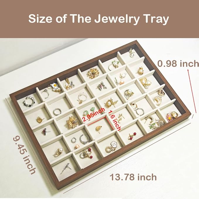 Large Jewelry Trays for Drawers Stackable Velvet Jewelry Display for Vendors Jewelry Drawer Organizer Inserts for Rings Necklace Bracelets Earrings and Studs Earrings (Beige, 30 Grid)