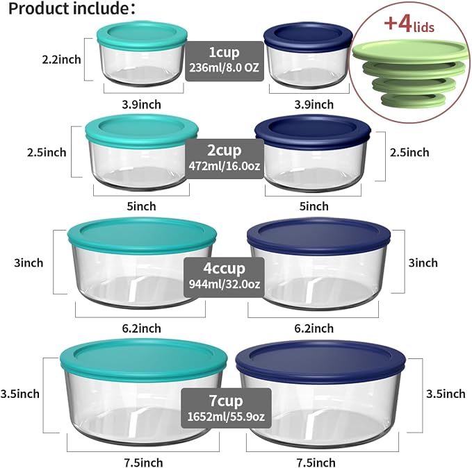 AILTEC 8-Pack Glass Food Containers, Round with Lids, 7/4/2/1 Cup Sizes | Includes 4 Bonus Simple Lids, BPA-Free Glass, Microwave & Dishwasher Safe, Airtight Seal for Freshness