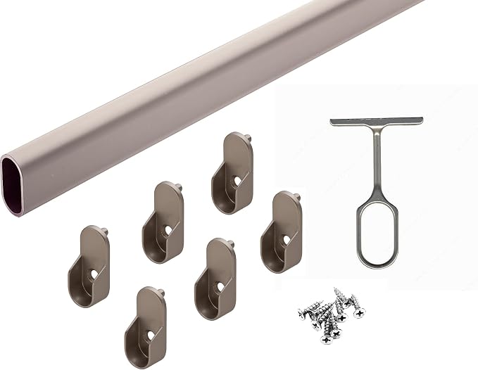 Closet Rod Kit - Oval Rod, 92 inch (2337mm) long with 6 end caps and center support. (Matte Nickel)