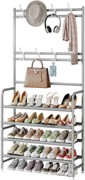 Coat Rack Shoe Rack With Storage Shelf Freestanding with 8 Hooks for Entryway Bedroom Closet 4 Tier, Grey