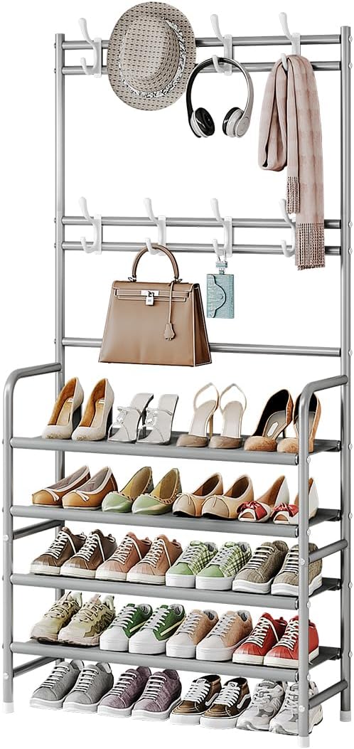 Coat Rack Shoe Rack With Storage Shelf Freestanding with 8 Hooks for Entryway Bedroom Closet 4 Tier, Grey
