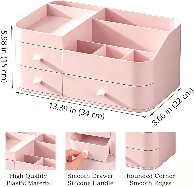 Makeup Organizer with 3 Drawers, Bathroom Counter Organizer. | Plastic Cosmetic Display Case, Ideal for Make Up, Skincare, Perfume; Suitable for Dresser Top, Vanity and Desk