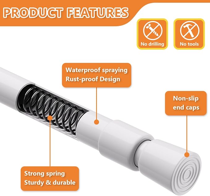 KXLife 2 Pcs Spring Tension Curtain Rod Adjustable 28 to 40 Inches, White | 5/8" Diameter, Expandable Spring Loaded, No Drilling, No-Slip End Caps, for Windows, Kitchen, Doors