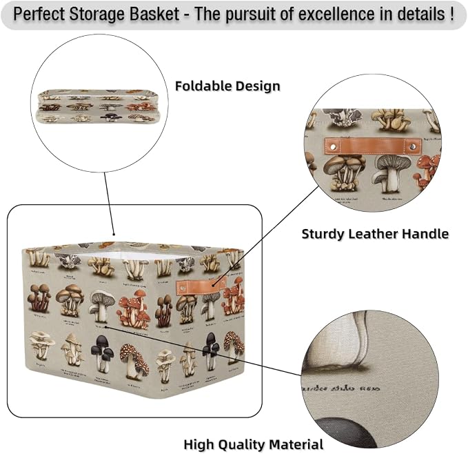 Rectangular Storage Bins Colorful Mushroom Illustration Collapsible Fabric Storage Basket Organizer with Handles for Nursery Bedroom Bathroom