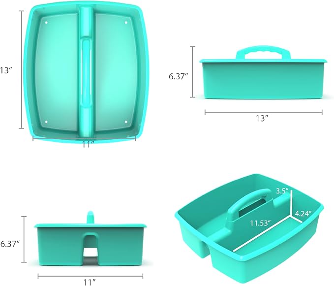 Storex 2-Compartment Large Craft Caddy – Multipurpose Classroom Organizer with Handle, Teal, 1-Pack (00959C06C)