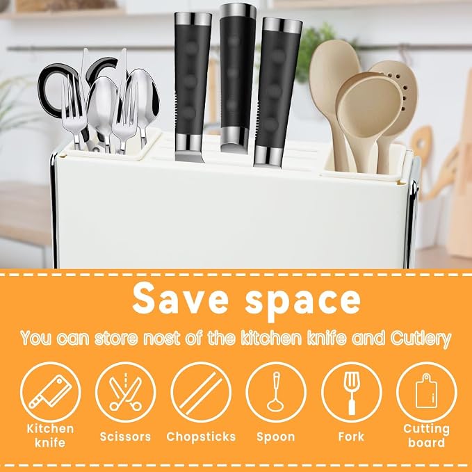 Knife Holder, Knife Block Multifunctional Large Capacity with Cutting Board Organizer, Kitchen Knife Block Utensil Stand Storage for Countertop Kitchen (White)