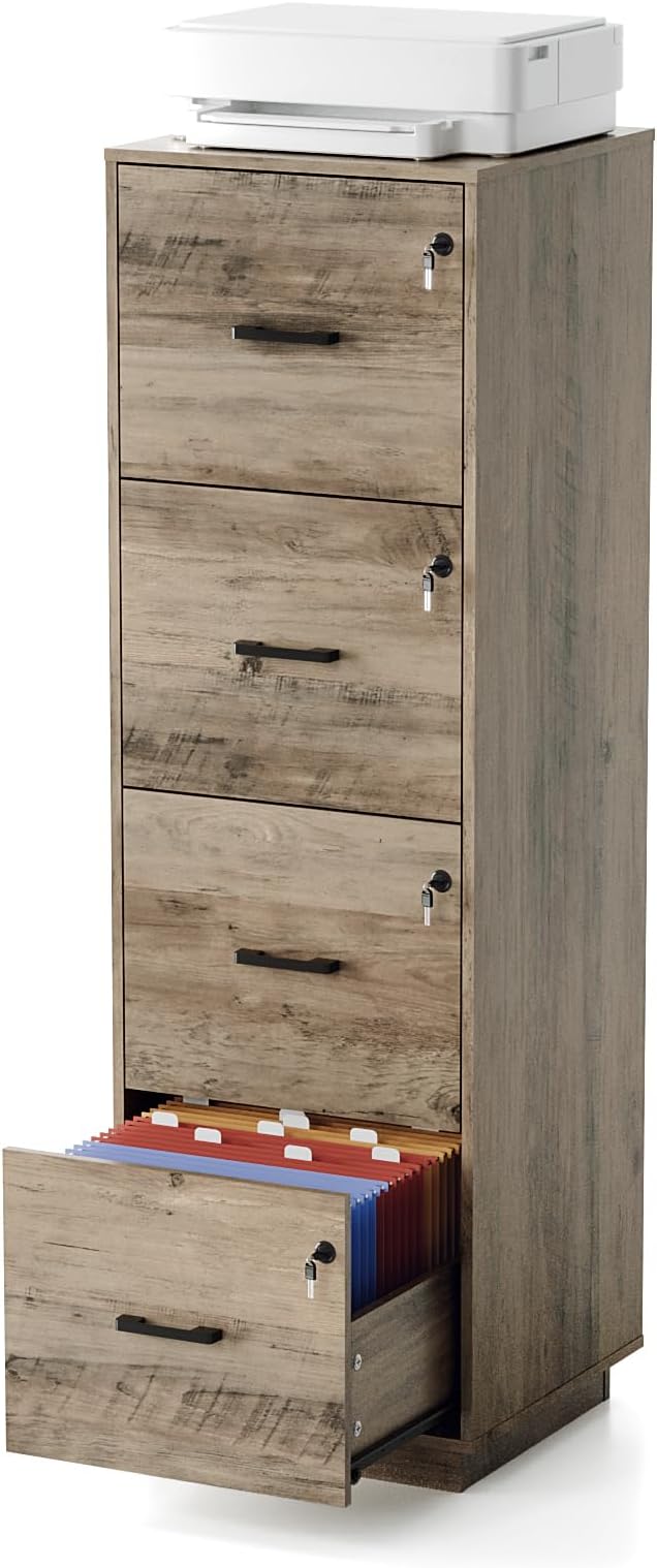 VINGLI 4 Drawer File Cabinet with Lock, Home Office Filing Organizer, for Letter Size File Folder Storage, Wood Tall Vertical Filing Cabinet, Printer Stand, Archivador (Rustic Gray)