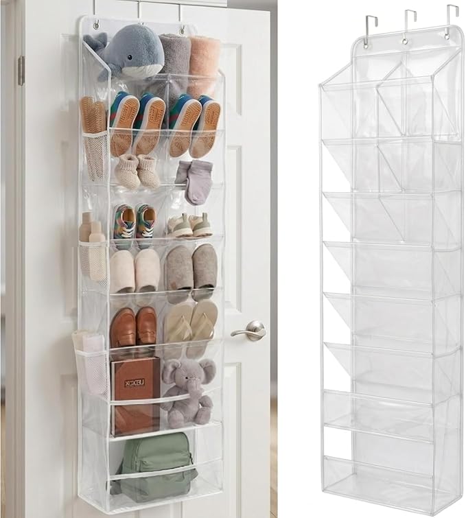 HOMELUX THEORY 8 Tier Hanging Shoe Organizer for Closet, Over the Door Shoe Organizer with Deep 120D Extra Thick Pockets, Shoe Rack for Closet & Entryway, with 6 Side Pockets for Boots (Transparent)