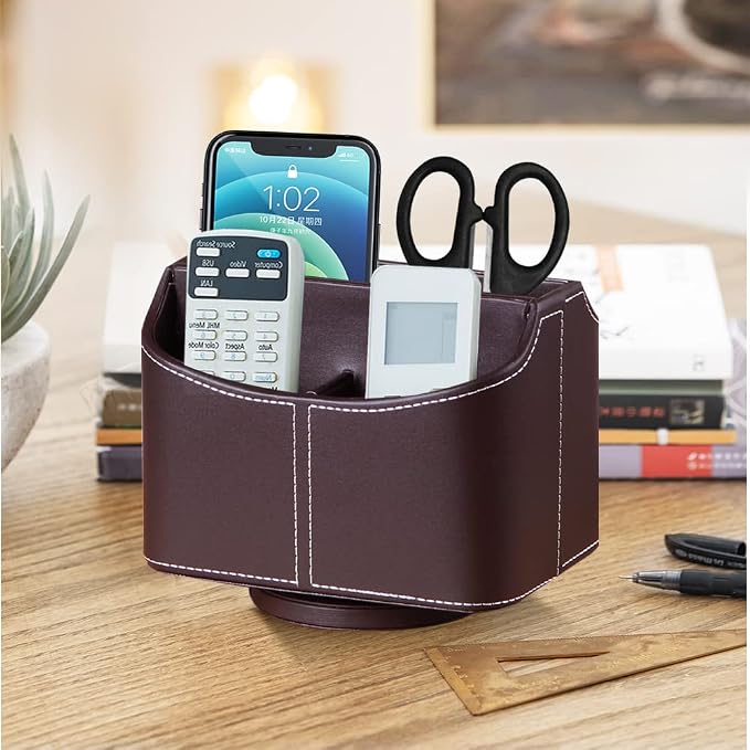 360° Rotating Remote Control Holder, PU Leather TV Remote Caddy Organizer Basket Storage Box with 5 Compartments for Pen, Pencil, Art Supplies, Makeup Brush, Office Desk Table Accessories | Nightstand Organizer Storage Box with 5 Compartments for Penci...