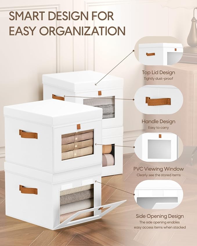 Homsorout Storage Bins with Lid – Closet Organizer with Side Opening and Clear Window, Foldable Stackable Fabric Basket for Clothes, Home, Office - 13.77" x 11.8" x 9.8", 5 Pack, White