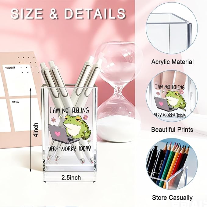 I Am Not Feeling Very Worky Today Acrylic Cup Pencil Holder, Frog Print Makeup Brush Storage Organizer, Funny Mental Health Desk Accessories Holder, Sarcastic Office Gifts for Colleagues