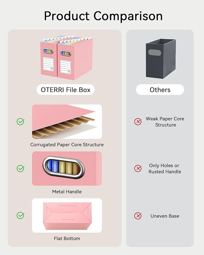 Oterri File Organizer Box, Portable Collapsible Cardboard File Folder Organizer with Handle for Letter Size Hanging Files, Document Storage Box for Home Office & Classroom (8 Packs, Pink)