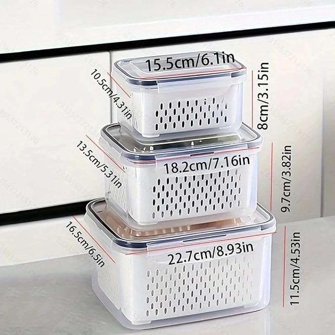 Yuonry 4 in 1 Food Storage Container, Fruit Storage Containers for Fridge, Produce Containers with Lid and Strainer, Including Drain Basket, Multipurpose Large Fruit Container for Fridge(Grey)