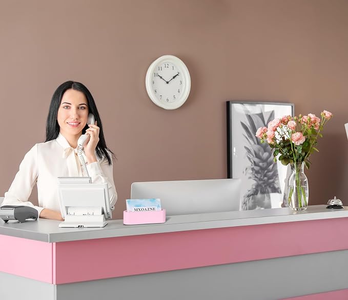 Cement Business Card Holder for Desk, Modern Desktop Business Name Card Display Stands for Women, Concrete Desk Decor, Pink