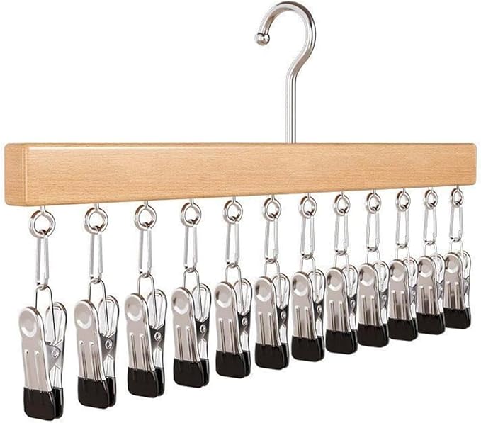 Hanging Closet Organizer with 12 Clips, Space Saving Closet Storage for Hats, Scarves, Socks, Jeans, Skirts & Pants, Multi-Purpose Clothes Hanger with Clips (2 PCS, Wood)