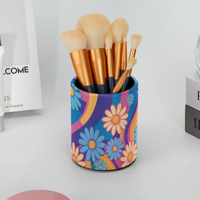 Colorful Rainbows and Daisies Pen Holder Pencil Organizer for Desk, 3.1” x 3.1” x 3.9” Pencil Cup Office Supplies, Large Capacity Cute Pen and Makeup Brush Holder for Home, School, Desktop