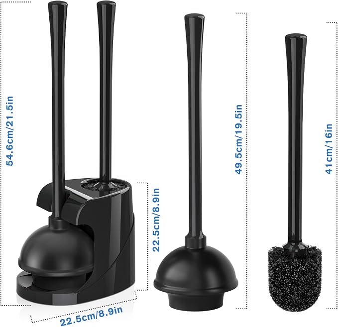 Toilet Plunger and Brush, Bowl Brush and Heavy Duty Toilet Plunger Set with Ventilated Holder, 2-in-1 Bathroom Cleaning Combo with Modern Caddy Stand for 5.7-inch Toilet Drain(Black, 2 Set)