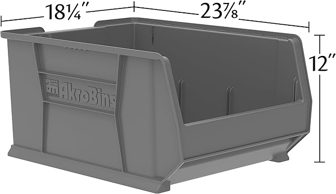 Akro-Mils 30289 Super-Size AkroBins Plastic Storage Bins, Space-Saving Stackable Bins for Garage, Classroom, Warehouse Organization, 24" L x 18" W x 12" H, Grey, 1-Pack